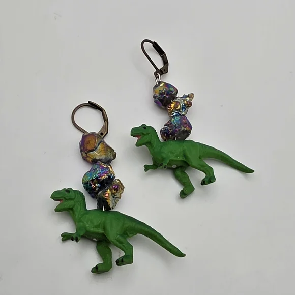 Green Dinosaur Drop Earrings with Iridescent Accent Beads - Picture 2 of 6